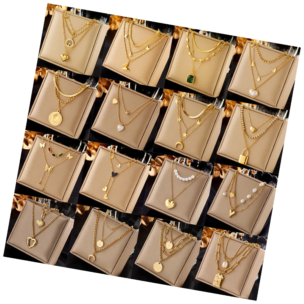 Wholesale Fashion Gold-plated Stainless Steel Vintage Chain Butterfly Pearl Heart Pendant Multi-layer Stacked Necklace