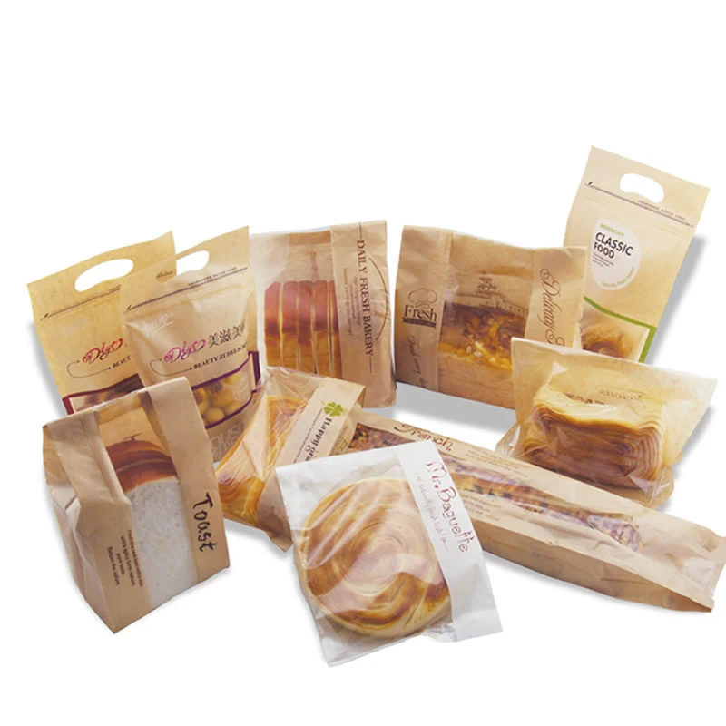 Factory Customized Manufacturer Bakery Food Printed Brown Kraft Bread Packaging Paper Bags With Plastic Window