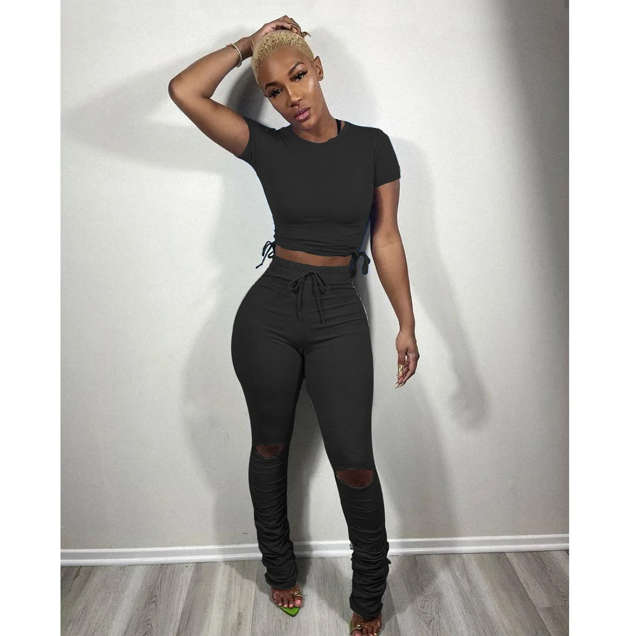 Штаны с высокой талией, летняя одежда для женщин, сексуальные обтягивающие леггинсы на шнуровке, спортивные штаны для бега, брюки с рюшами