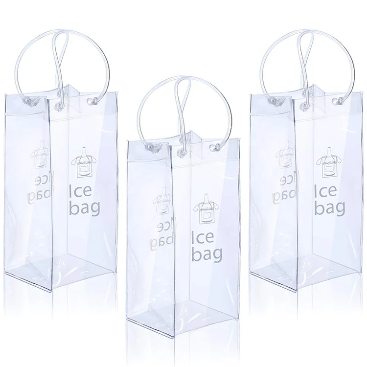 Wholesale Custom Logo Reusable Transparent Pvc Champagne Wine Bottle Carrier Transparent Ice Plastic Bag with Handle