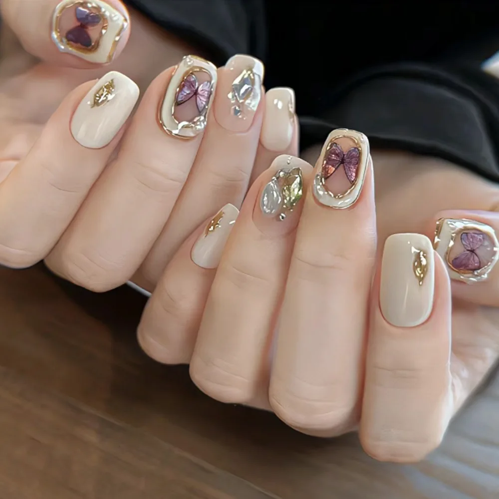 Size Choose Handmade Custom Logo Nude Cool Girls Nail Art Decorations Butterfly Press on Nails for Beauty