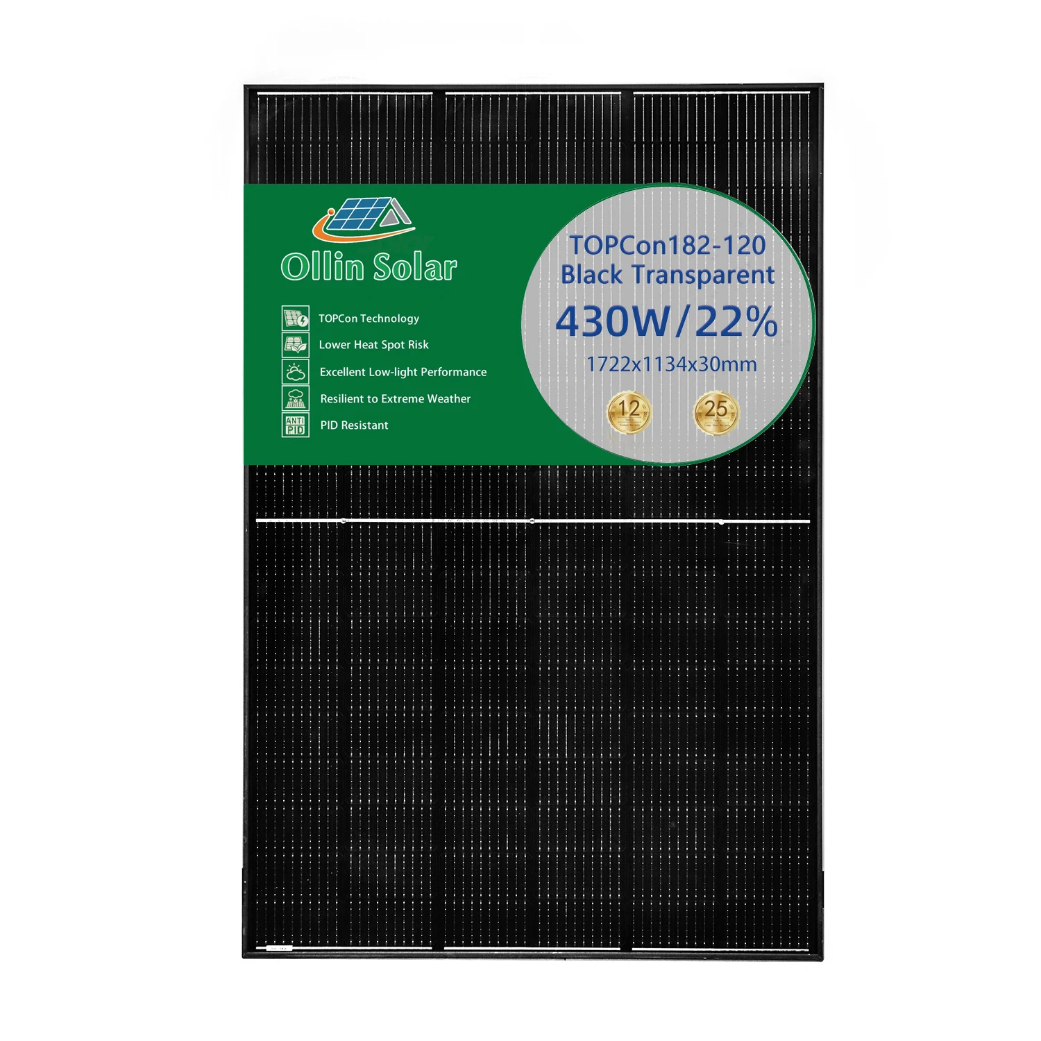 High Efficiency Topcon N Type 420 430 Watt Solar Panel IP67 Efficiency up to 22% for Residential Solar Power System