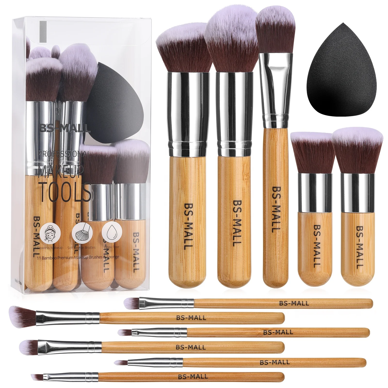 Hot Sell BS-MALL 11Pcs Vegan Bamboo Handle Face Makeup Brushes Cruelty-free Custom Logo Synthetic Makeup Brushes Makeup Sponge