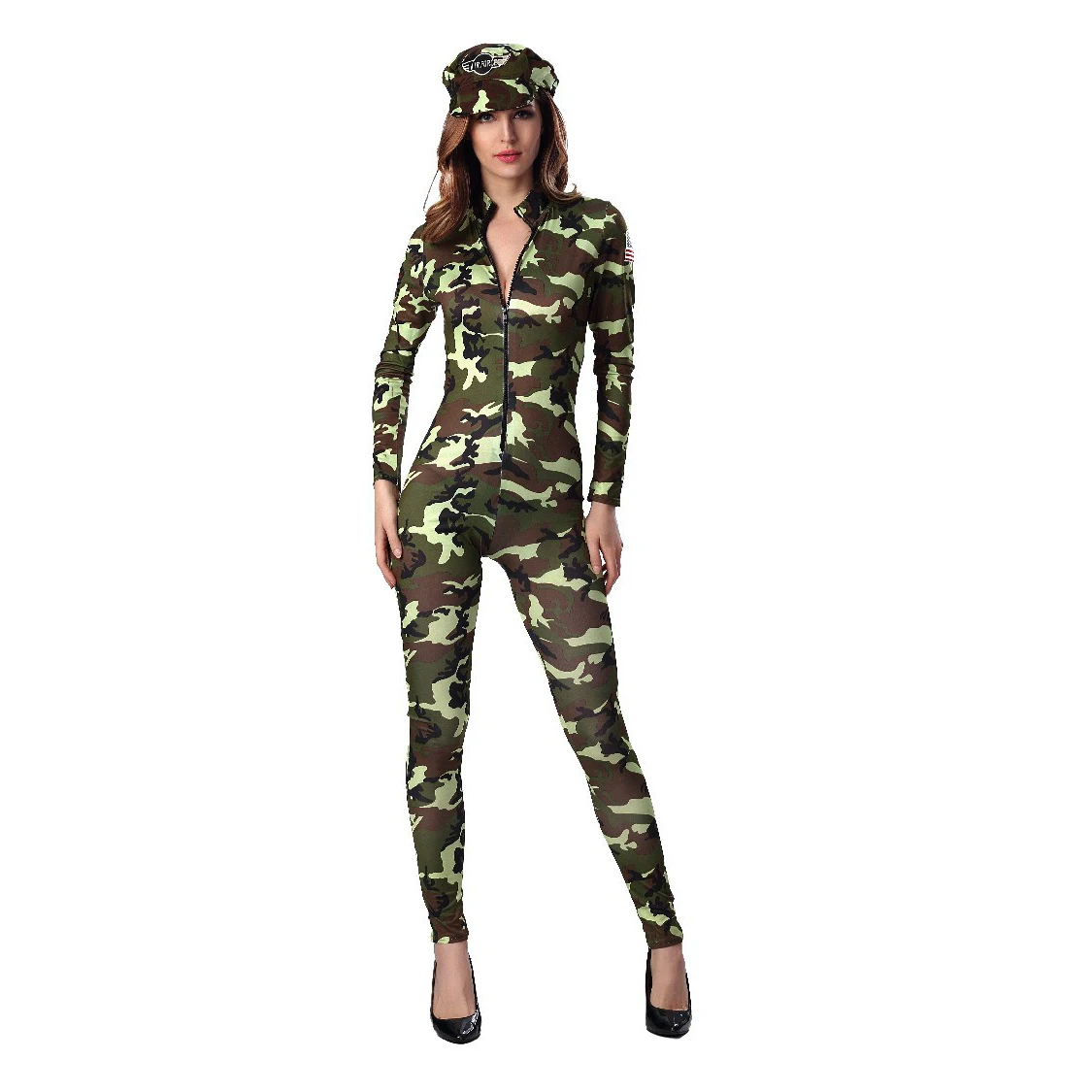 Halloween Cosplay Adult Camouflage Military Costumes for Women Slim Fit Uniform Jumpsuits Bodysuits with Hat
