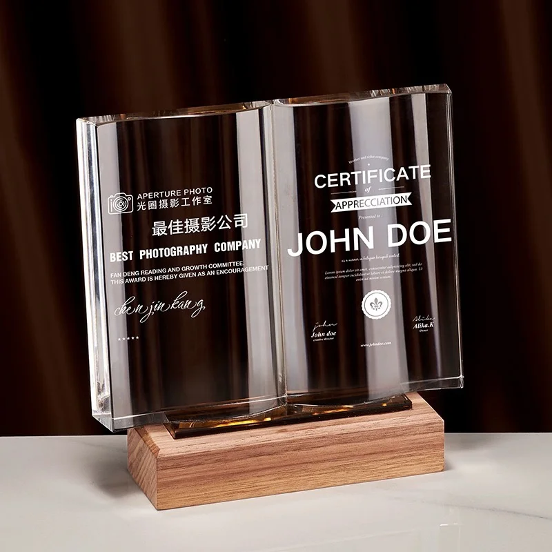 Creative Ideas Retirement Crystal Glass Book Shaped Awards Wooden Base Recognition Plaque Gifts for Teachers Coworkers Nurse