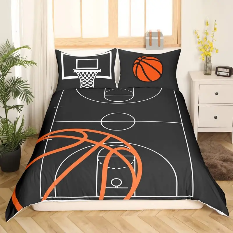 Basketball Court Print Bedding Set ,Ball Sports Games Themed Duvet Cover, Boys Game Room Decor Comforter Cover Orange Basketball