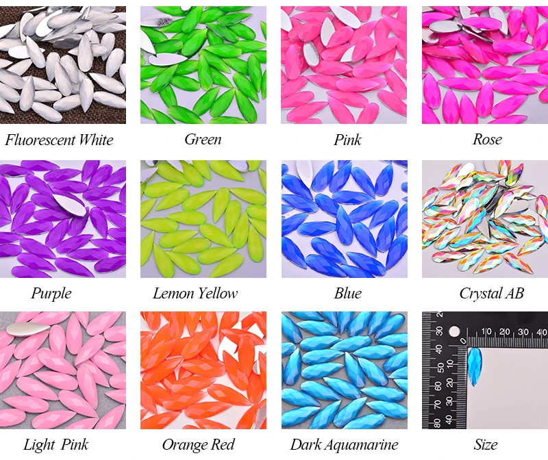 Wholesale 8*22mm Neon Orange Red Color Crystal Gems Stones Non Sewing Beads Flat Back Drop Resin Rhinestones For Nail Art