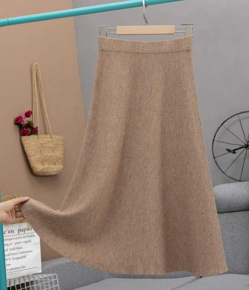 B51337A Korean style autumn winter ladies high waist elegant A-line knitted skirt