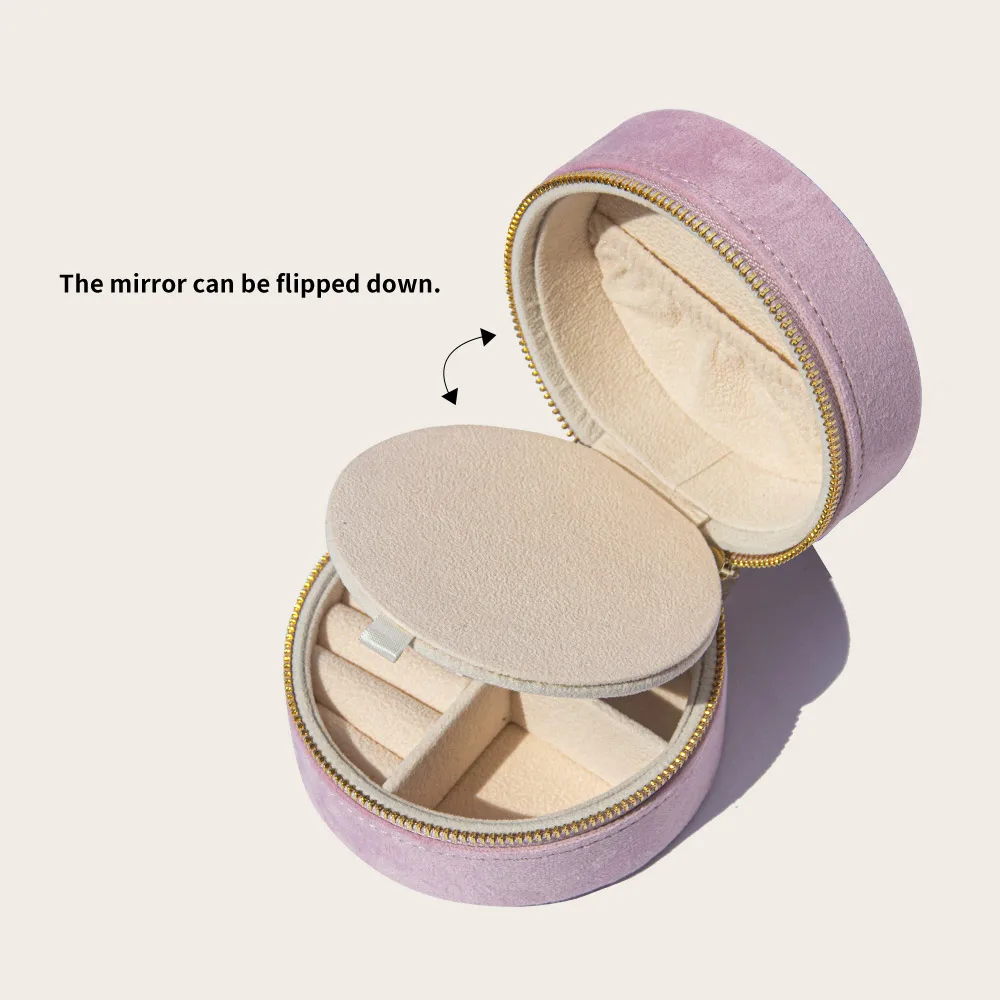 Small round mirror design jewelry storage organizer travel luxury velvet custom jewelry box