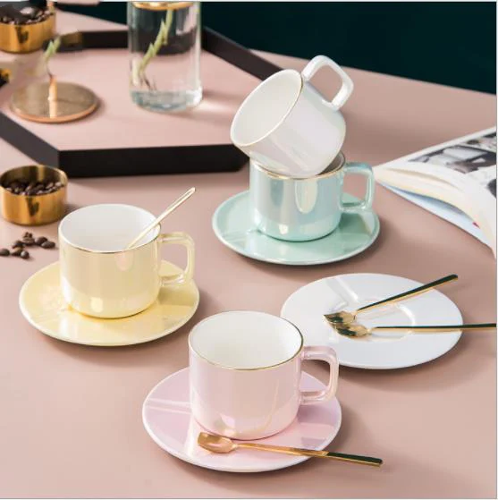 Creative electroplating colorful ceramic coffee cup Simple gold rim pearl glaze mug