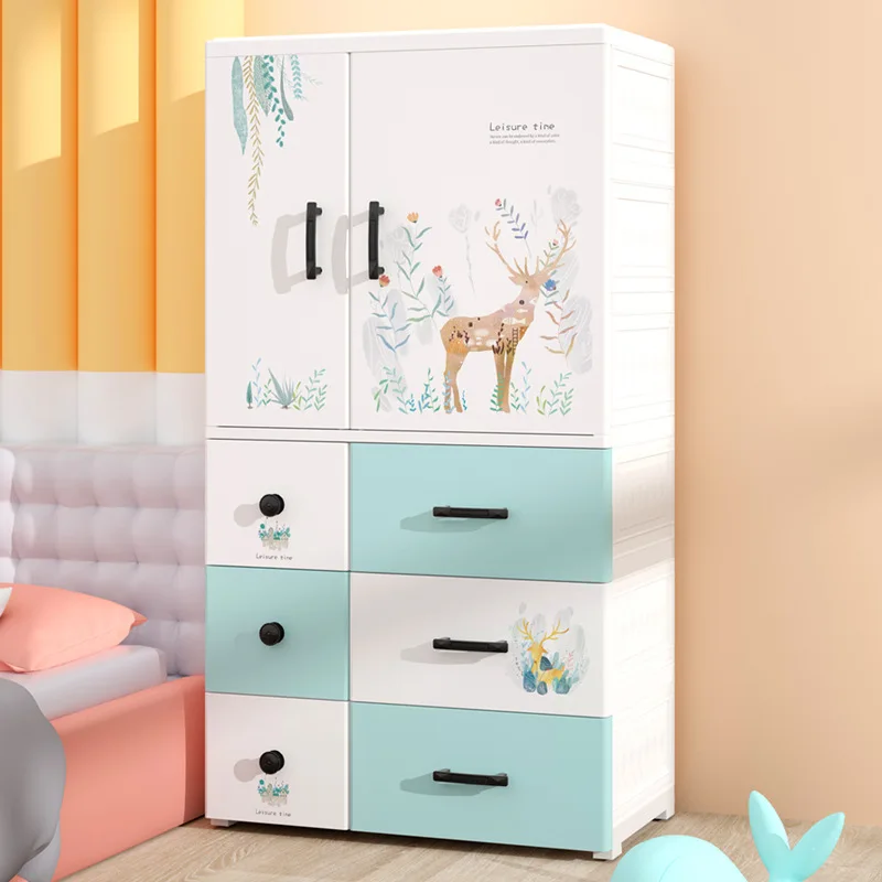 High Quality Cartoon Deer Design Baby Wardrobe Plastic Clothes Wardrobe With Storage Drawers
