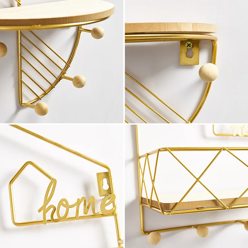 PUSELIFE living room furniture bedroom bathroom hanging storage decoration rack wooden metal iron hexagonal floating wall shelf