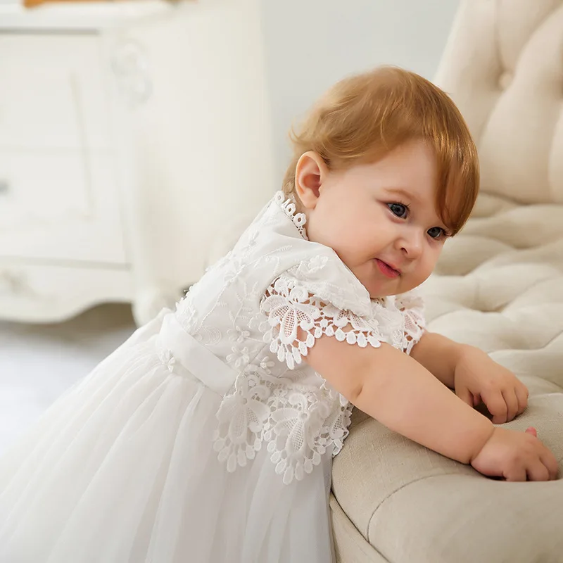 High Quality Short Sleeve Lace Baptism Christeing Baby Long White Dress