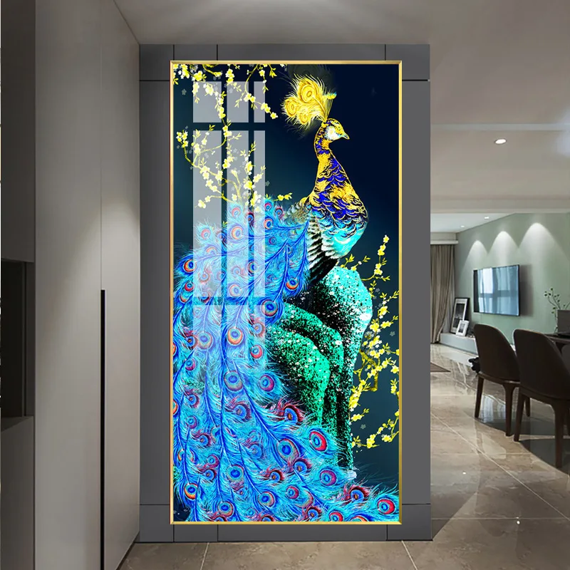 European abstract colorful peacock living room corridor porch  hanging  crystal porcelain  peacocks glass wall painting wall art
