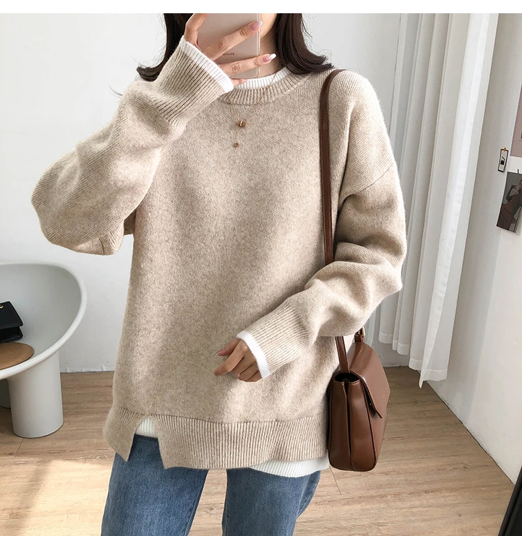 Autumn Winter Pullovers Sweaters Women Fashion o Neck Fake Two Pieces Long Sleeve Knitwear Casual Oversize Jumper Tops New