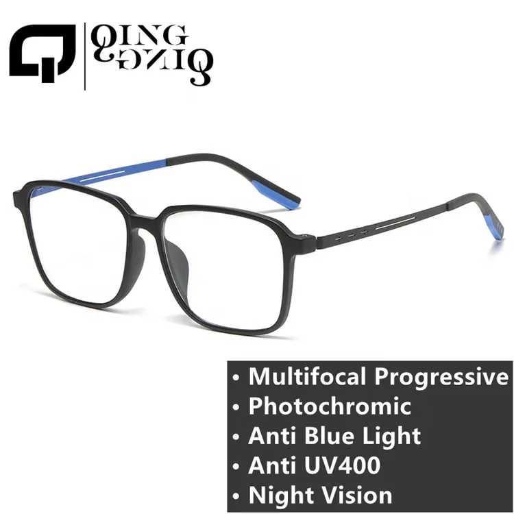 yellow lens change to grey big square metal TR90 photogray 2025 photochromic night vision bifocal reading progressive glasses