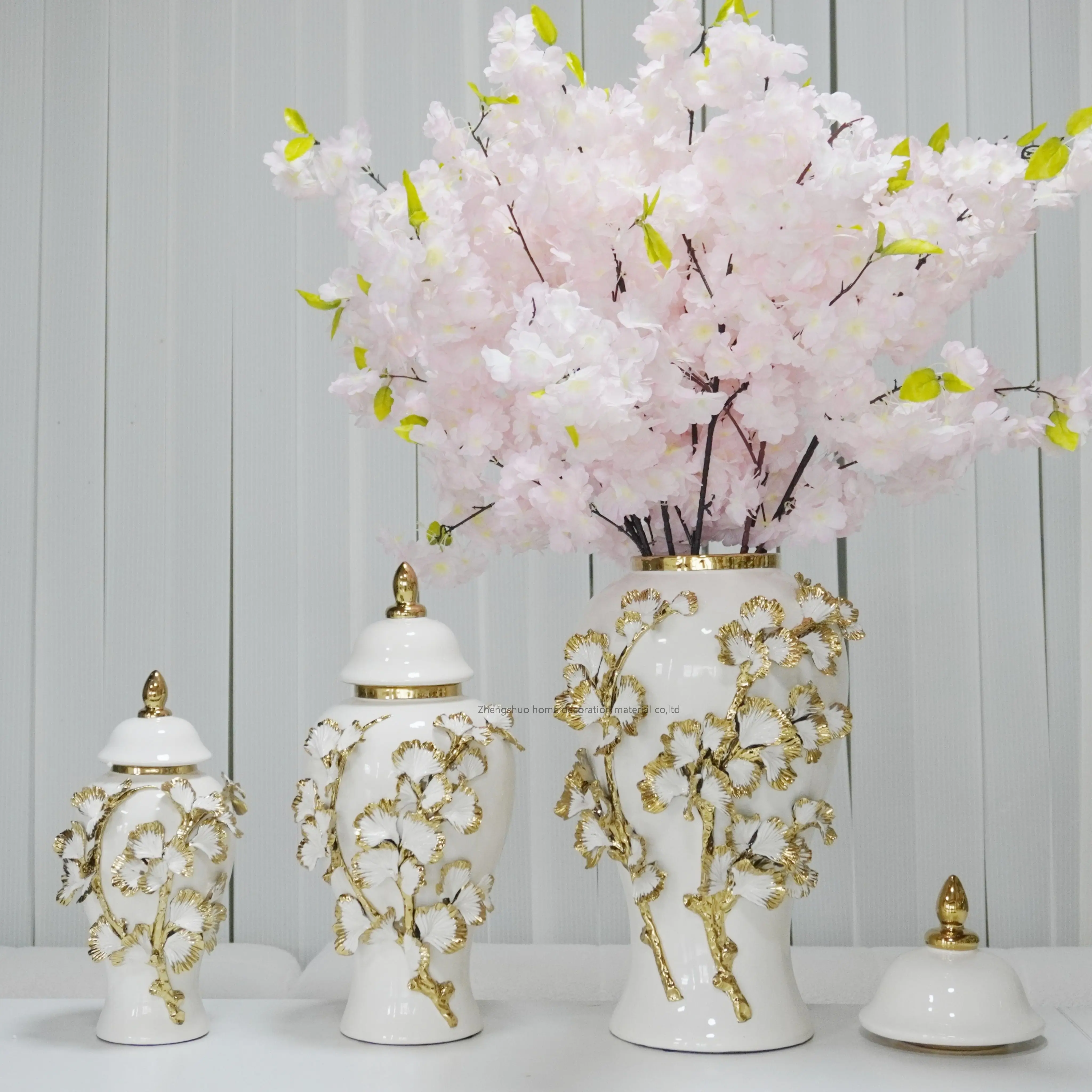 2024 luxury light style ceramic vase white ginger jar with gold leave flowers  for home decor table top floor home decor