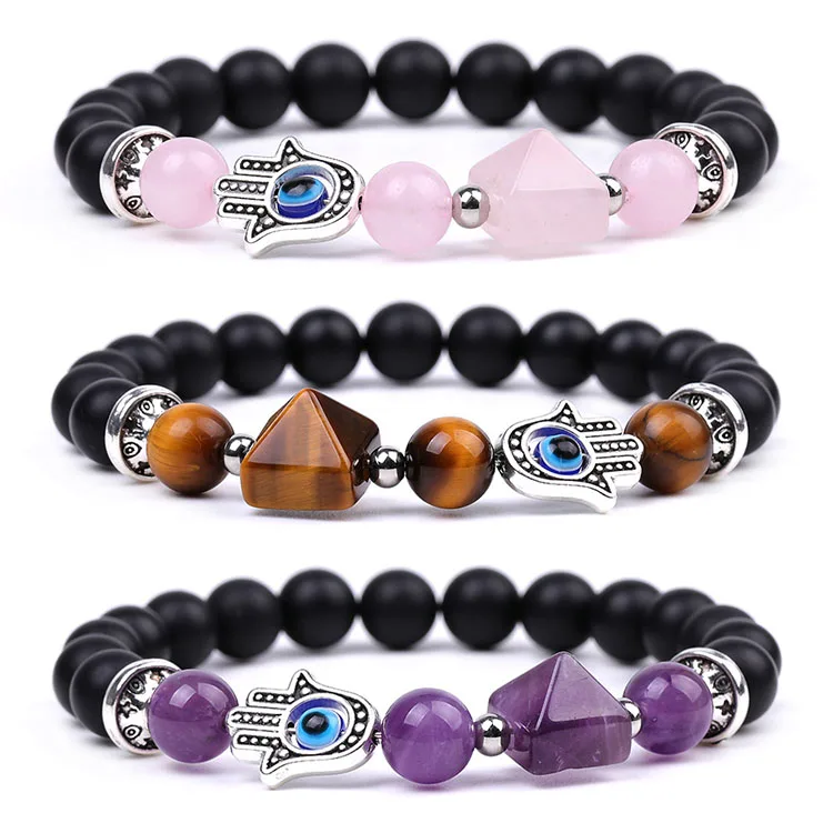Fashion Jewelry Stone Amethyst Pink Crystal Pyramid Beaded wholesale bracelets Hamsa Hand Charm Bracelet