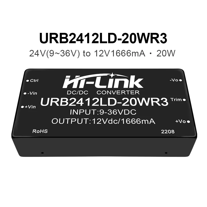 Hi-Link Official URB2405LD-20WR3 DCDC Power Supply Module 20W 24V(9-36V) to 12V 1666mA Output Isolated Step-Down Converter