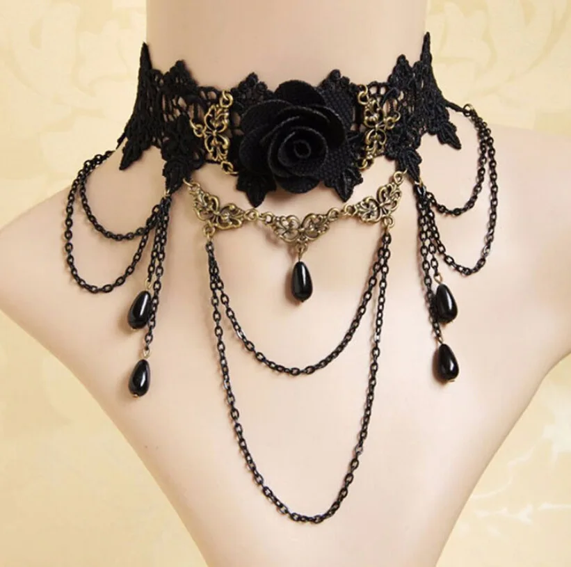 Exaggerated Fashion Lace Necklace Black Rose Blossom Gemstone Pendant Neck chain Simple Fashion Necklace