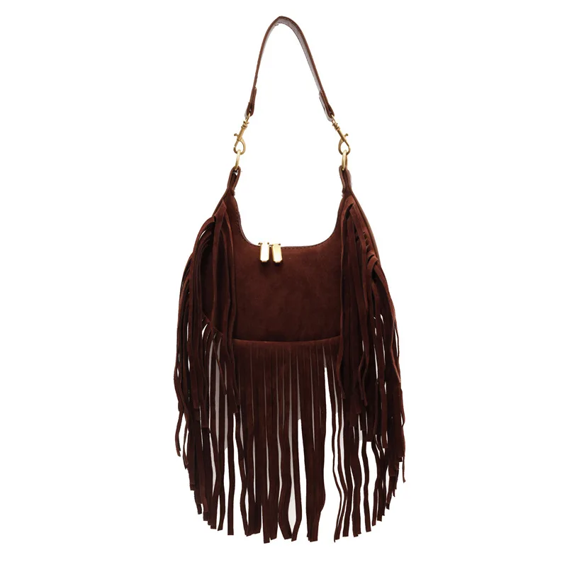 Trendy Suede Leather Tassel Hobo Shoulder Bags Featured Purses Bohemian Fringed Handbags Crossbody Bags for Women