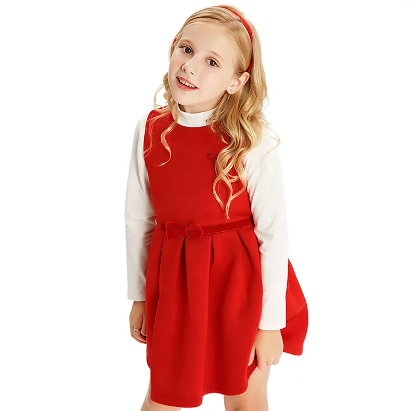 
2021 elegant red sleeveless thick new year bow girls dress for autumn, winter 