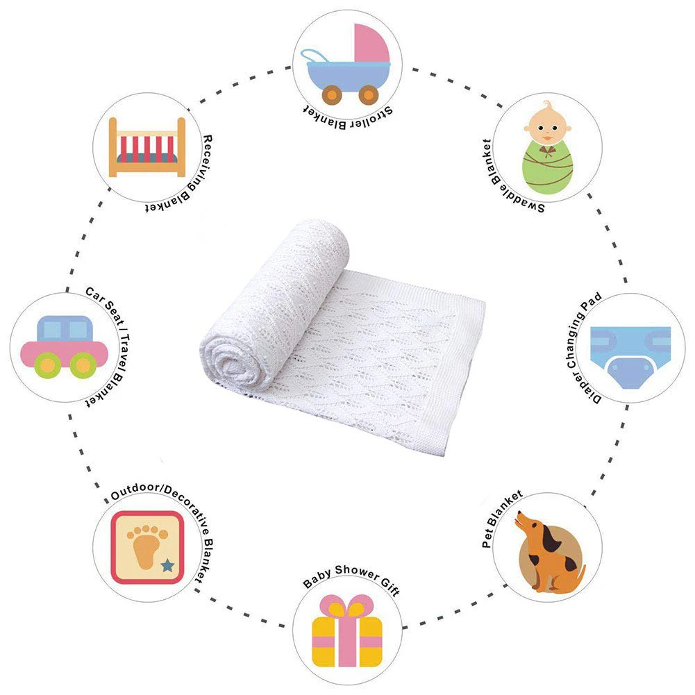 2022 hot Sell Thin Summer Blue Heart Embroidery Knit Cotton Soft Crochet Newborns Baby Blankets