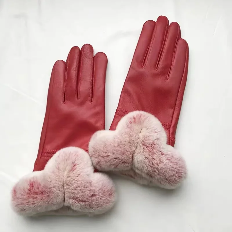 Новая коллекция зимние перчатки из натуральной кожи модные манжеты меха кролика Рекс Женские овечьей шерсти с