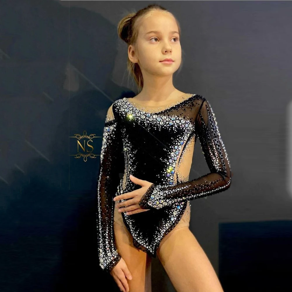 LIUHUO Rhythmic Gymnastics Leotards Girls Women Black Dance Costumes Black Red Mesh Stretchy Performance Wear