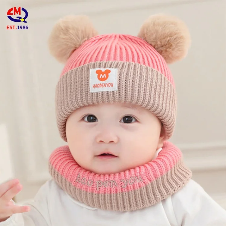 Детские Панамы шапка и шарф зимняя Мягкая вязаная с помпоном