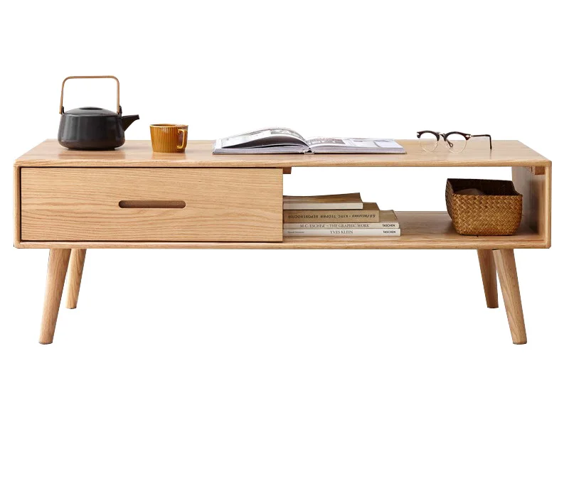 Modern Fashion Simple Style Long Rectangle Oak Coffee Table With Double Drawers