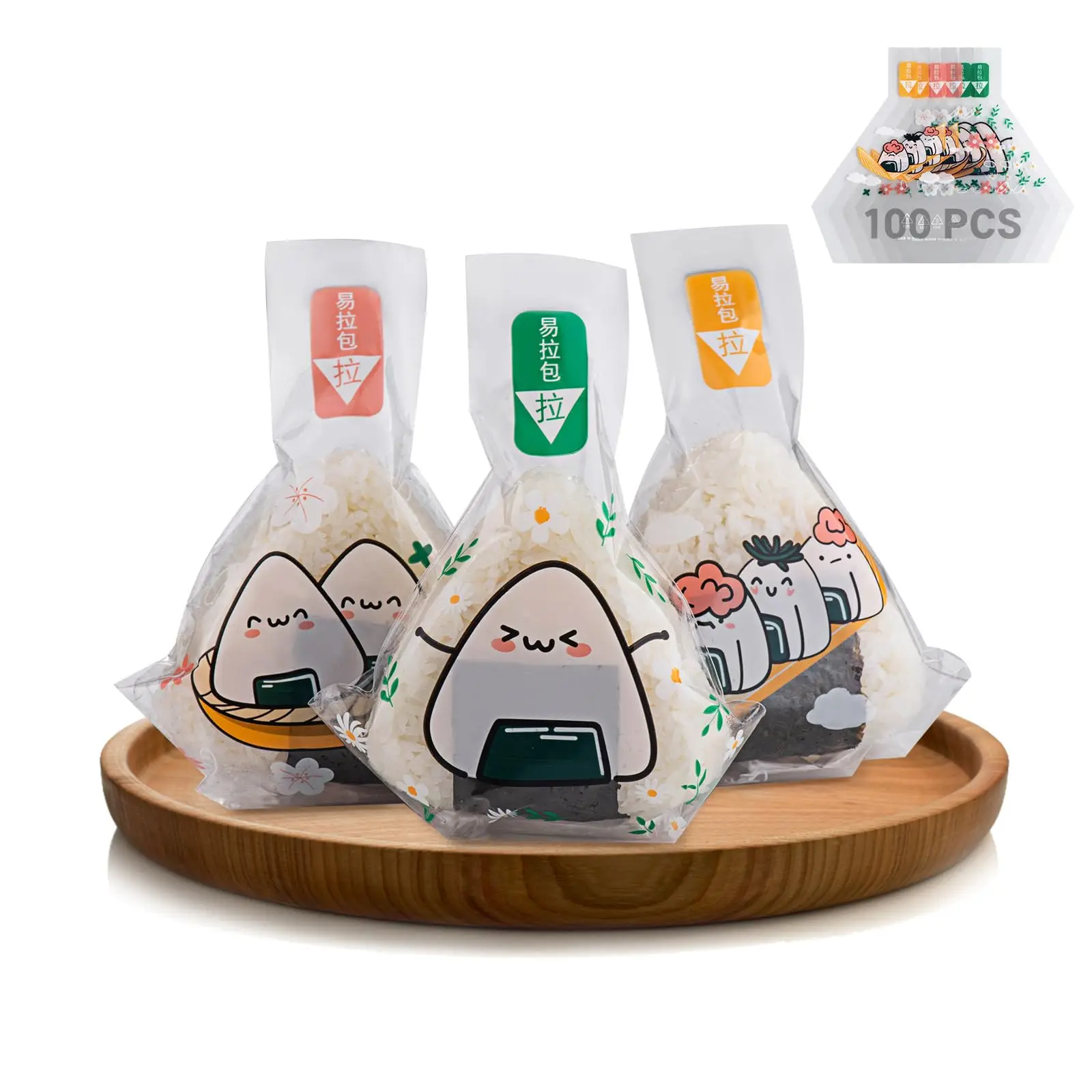 Custom Food Grade Opp Self Adhesive Disposable Onigiri Baggies Plastic Rice Balls Triangle Onigiri Wrappers Bags With Stickers
