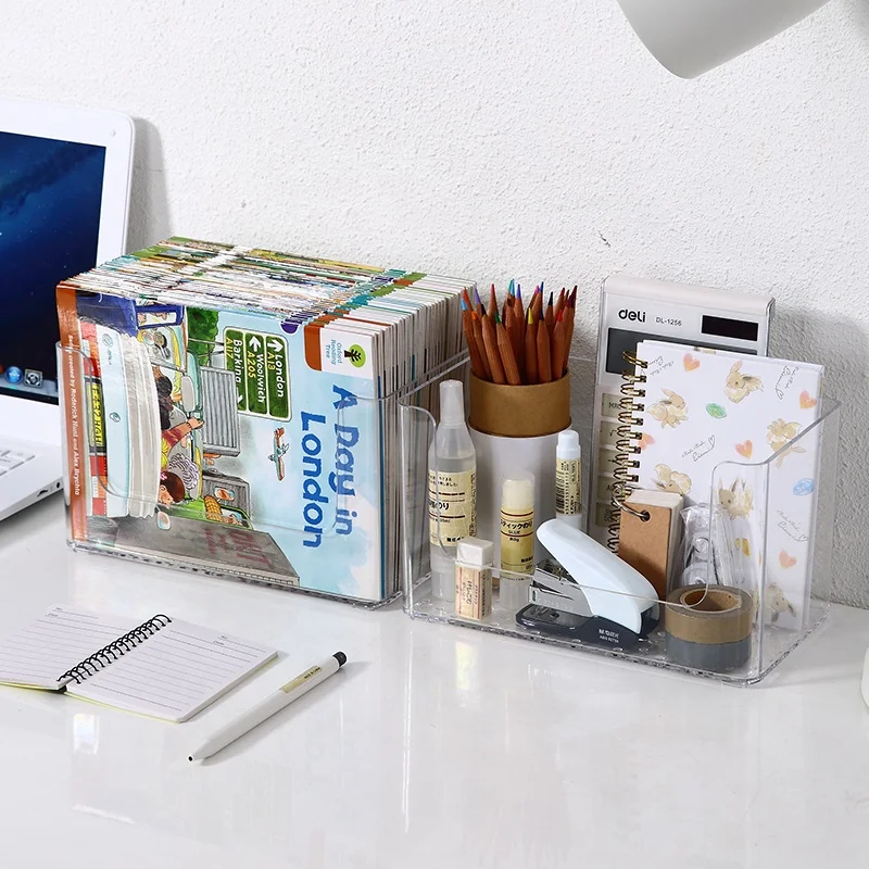 PS home office organizer note books stationery holder stackable plastic desktop countertop storage box for book