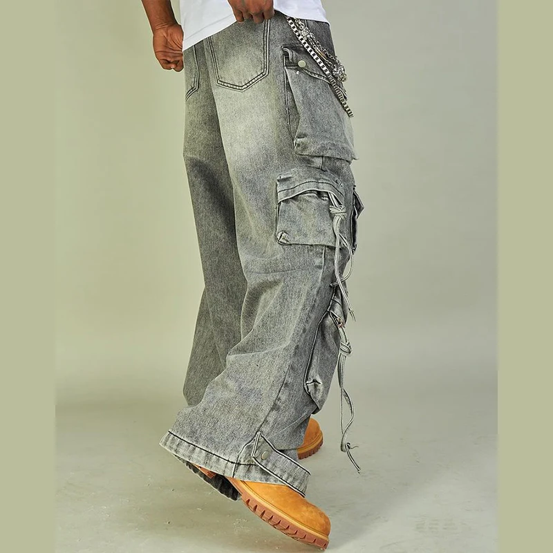 DIZNEW top selling products 2024 High quality Wide Multi pocket denim jeans men American heavy wash loose cargo jeans pants