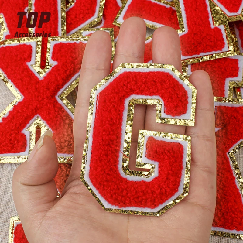 8CM Glitter Gold Edge Red English Letter A-Z Chenille Embroidery Patch