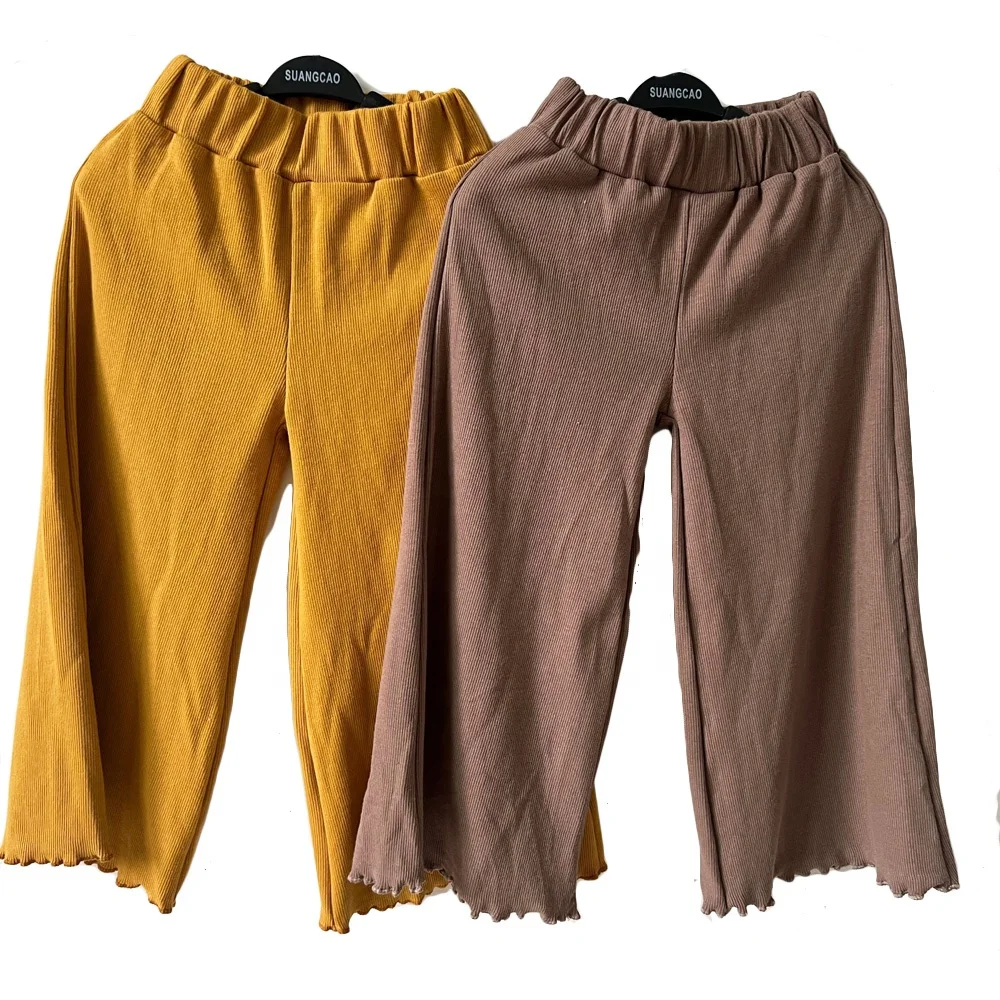 Custom girls kids 2 piece ribbed cotton set Cute girls summer clothing short sleeve top and wide leg pant set