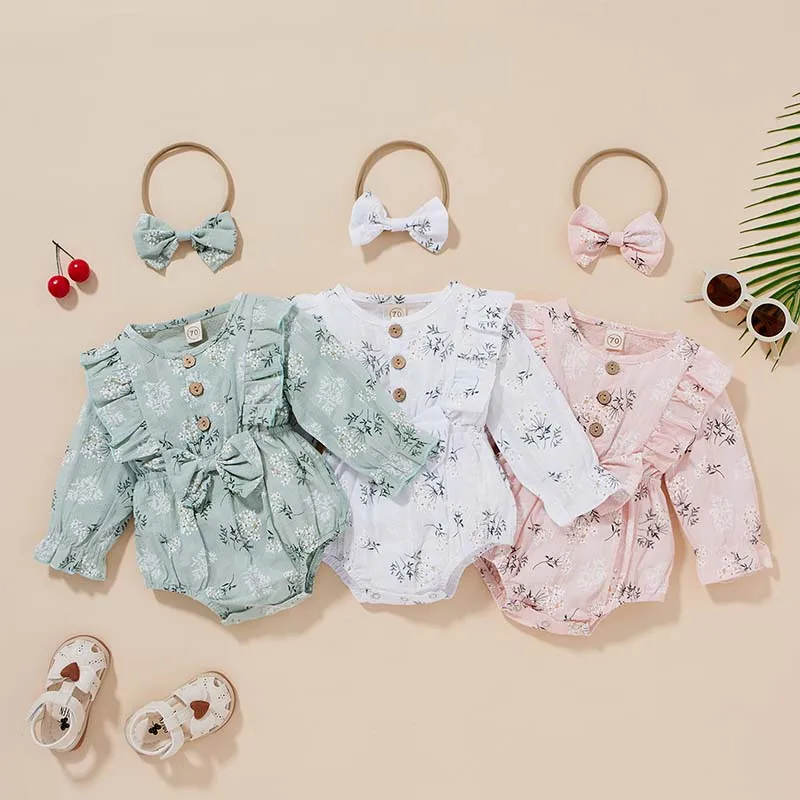 New 100% Cotton ruffle rompers Clothes Lotus Leaf Spring Clothing Girl Baby Romper Hair Band Set