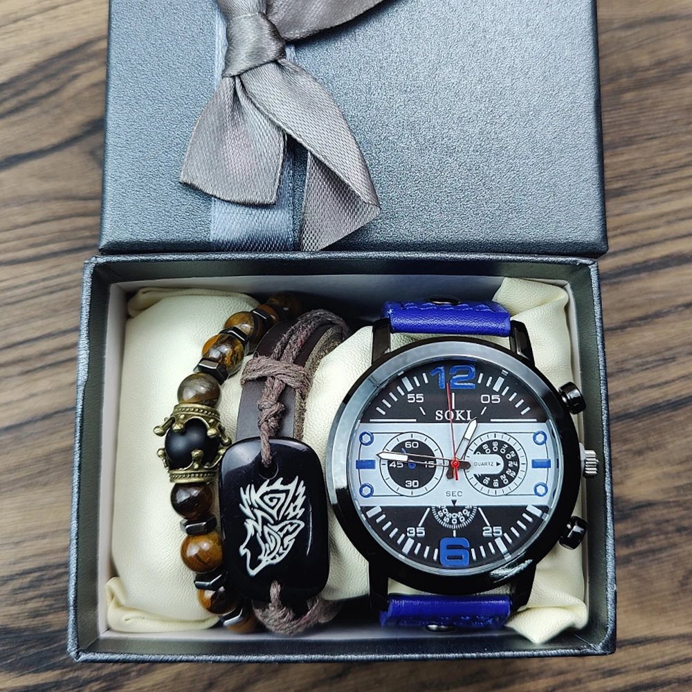 Watches set Bracelet Men watch set with box Sport men wrist Leather Strap Quartz Watch wholesale Business Wristwatch