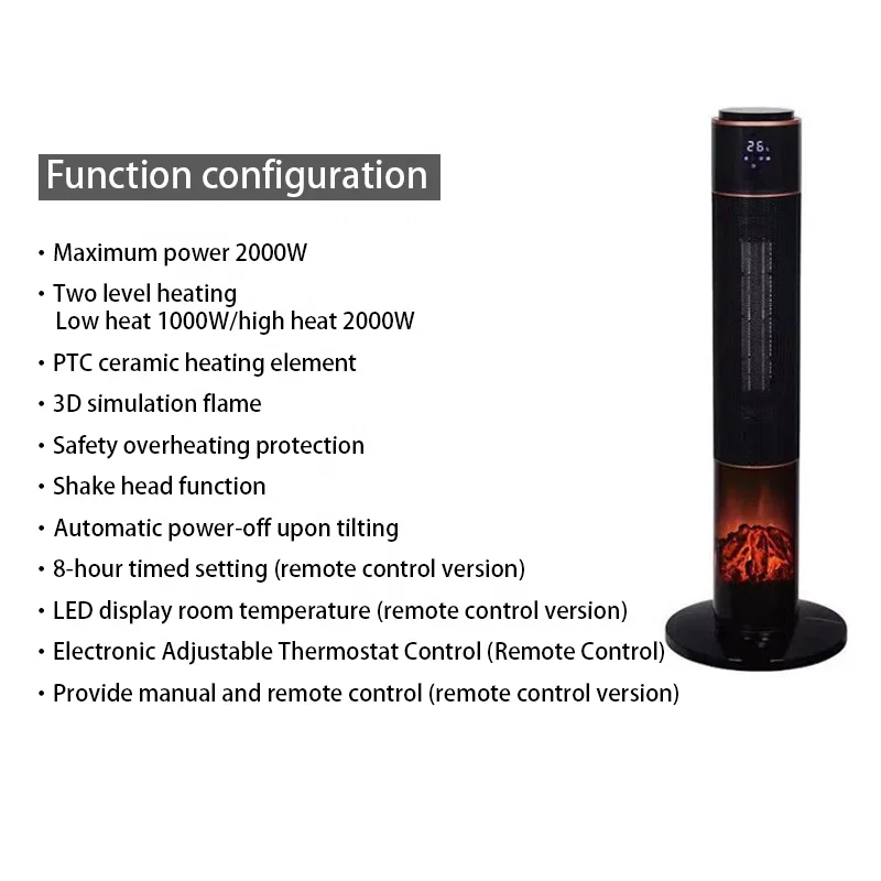 220-240V 50Hz 2000W flame PTC Ceramic two heat settings Fan Heater with 8 hours timer for home