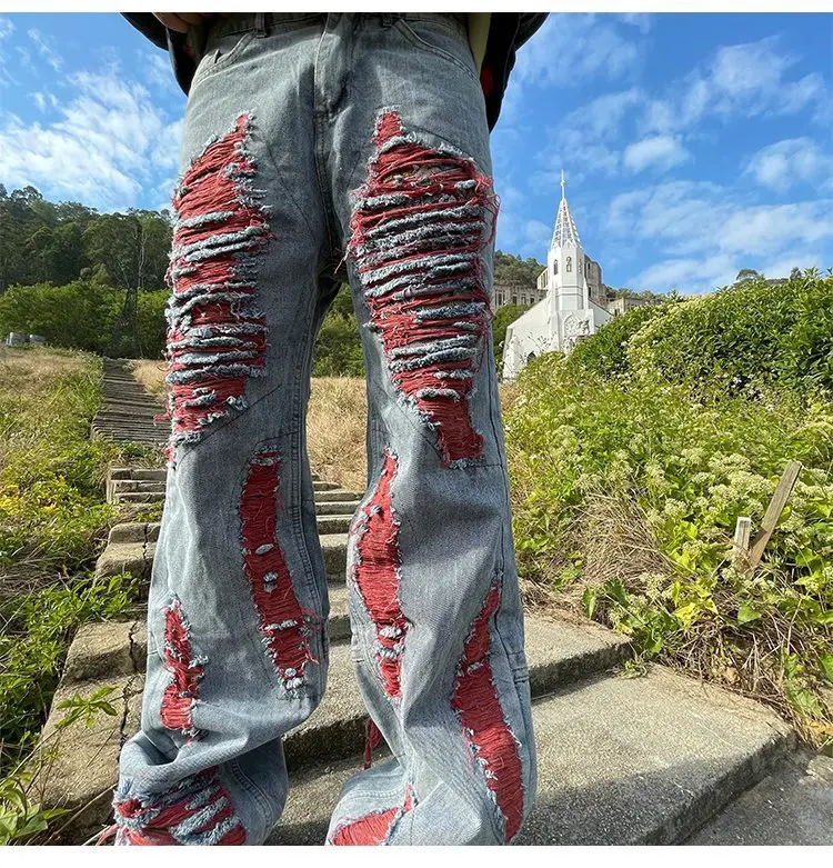 Blue Team | Custom red distress light blue street fashion side pockets yarn dyed high quality flared stack streetwear men jeans