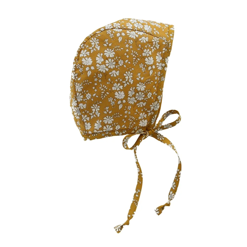 
Wholesale Vintage Retro Hats Newborn Floral Dual Side Linen Reversible Fall Collection Pilot Bonnets Baby Cotton Bonnet Hat 