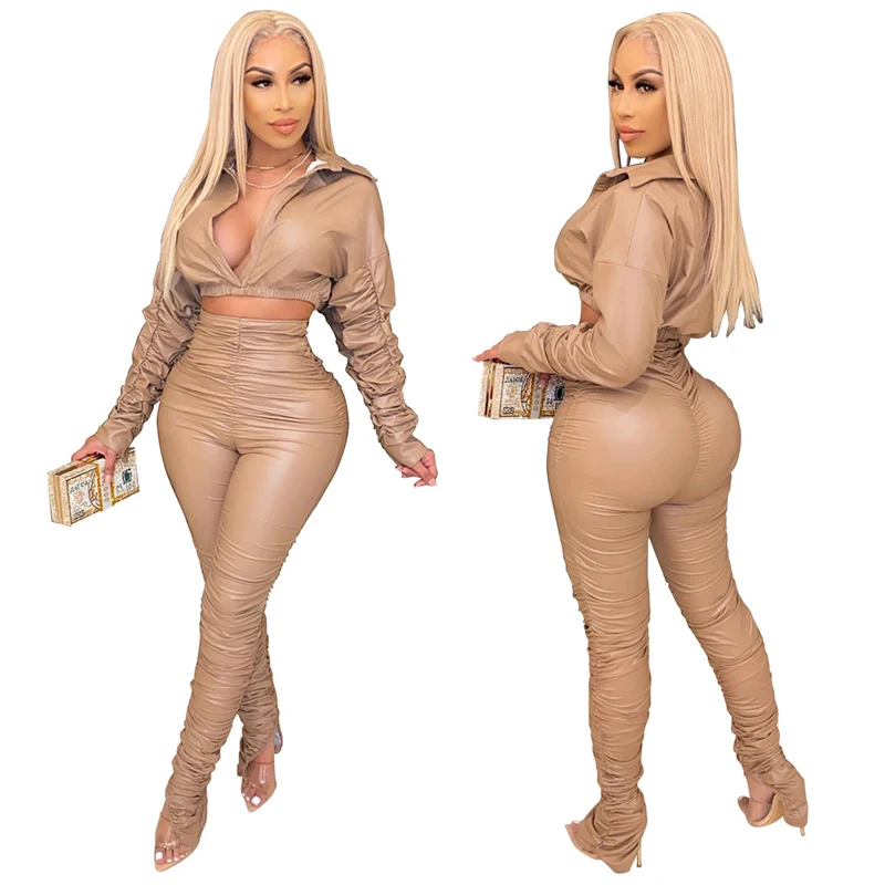 
Wholesale ladies long sleeve solid color crop pu leather sexy fashion 2021 women two piece pants set clothing 