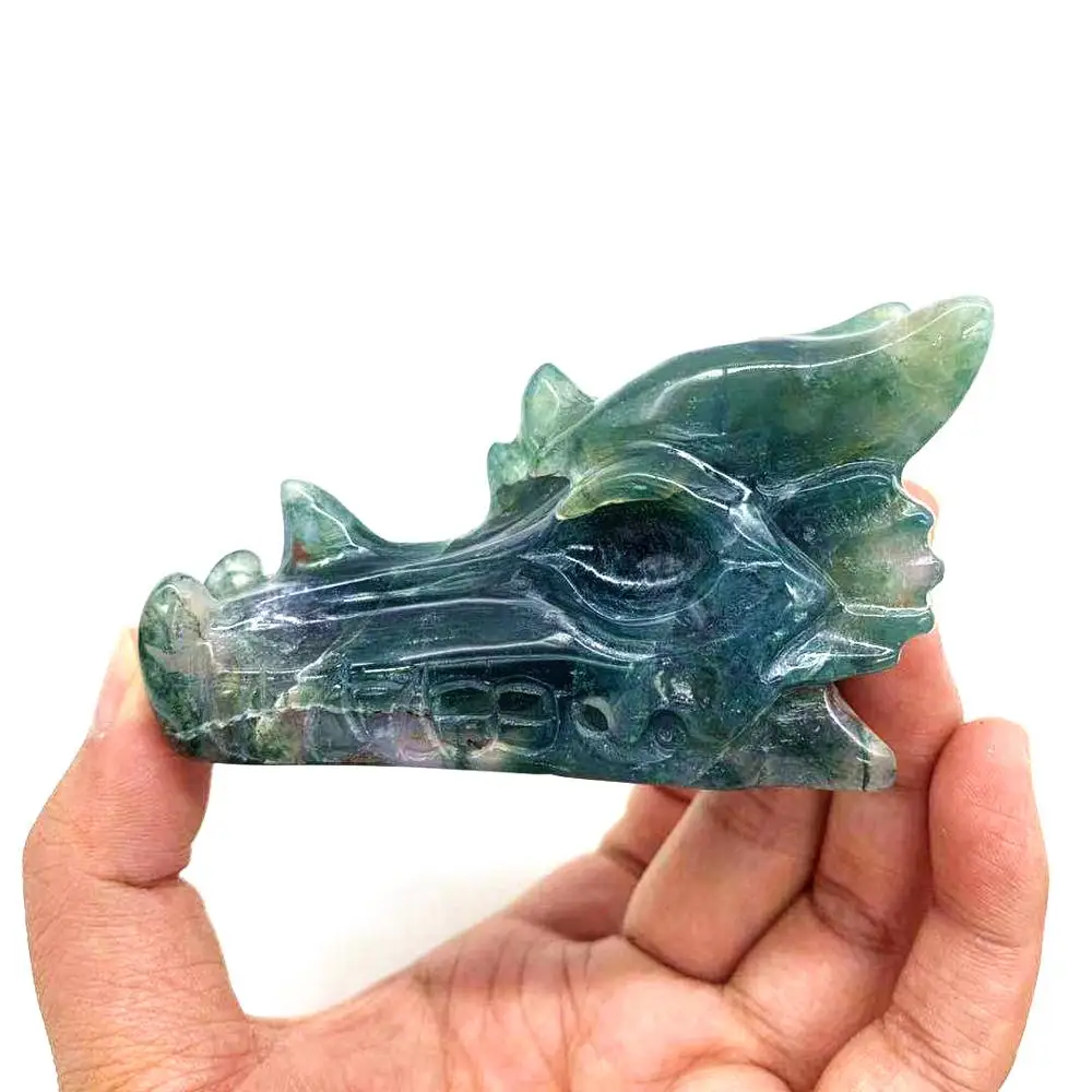 Natural hand carved crystal animal green fluorite dragon shull head fengshui gemstone crystal trophy gift for decoration