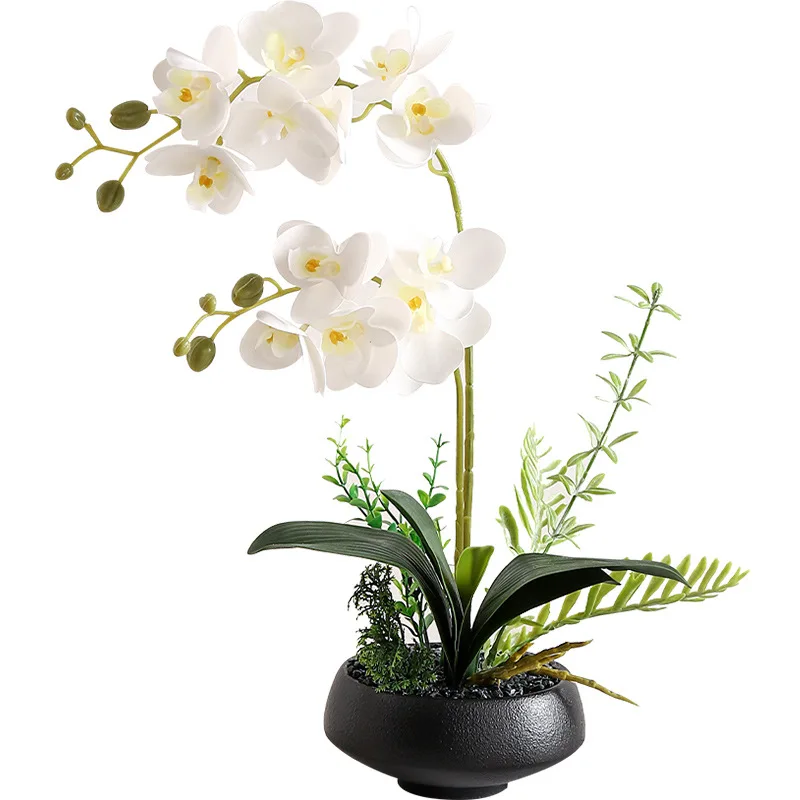 High Quality Orchid Flower Bonsai Artificial Real Touch Orchid Round Pot For Home Decor