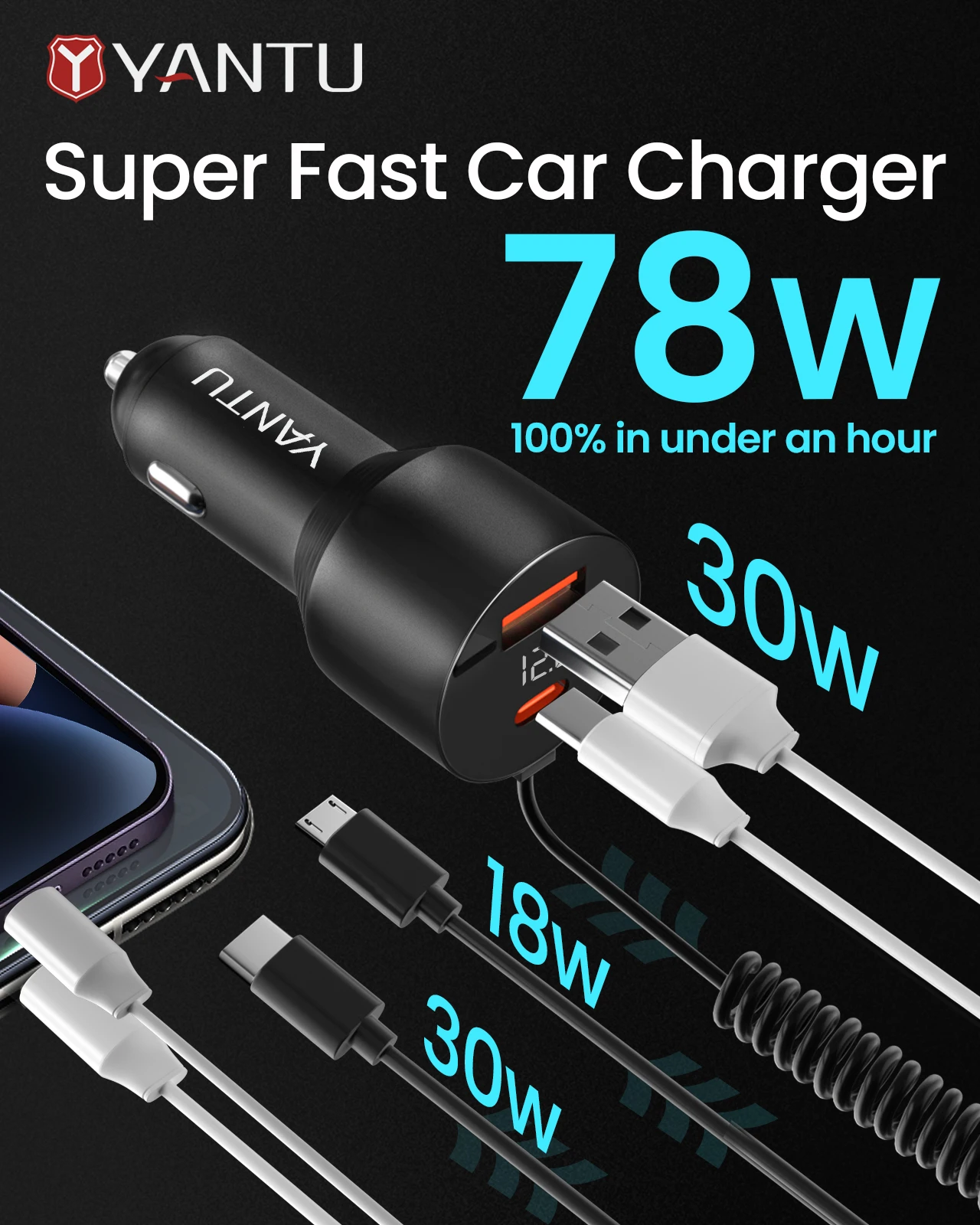 YANTU B33 78W Dual Type-C USB Ports High Power 12V 24V PD QC 3.0 USB-C Fast Car Charger for Laptop Tablet And Mobile Phone