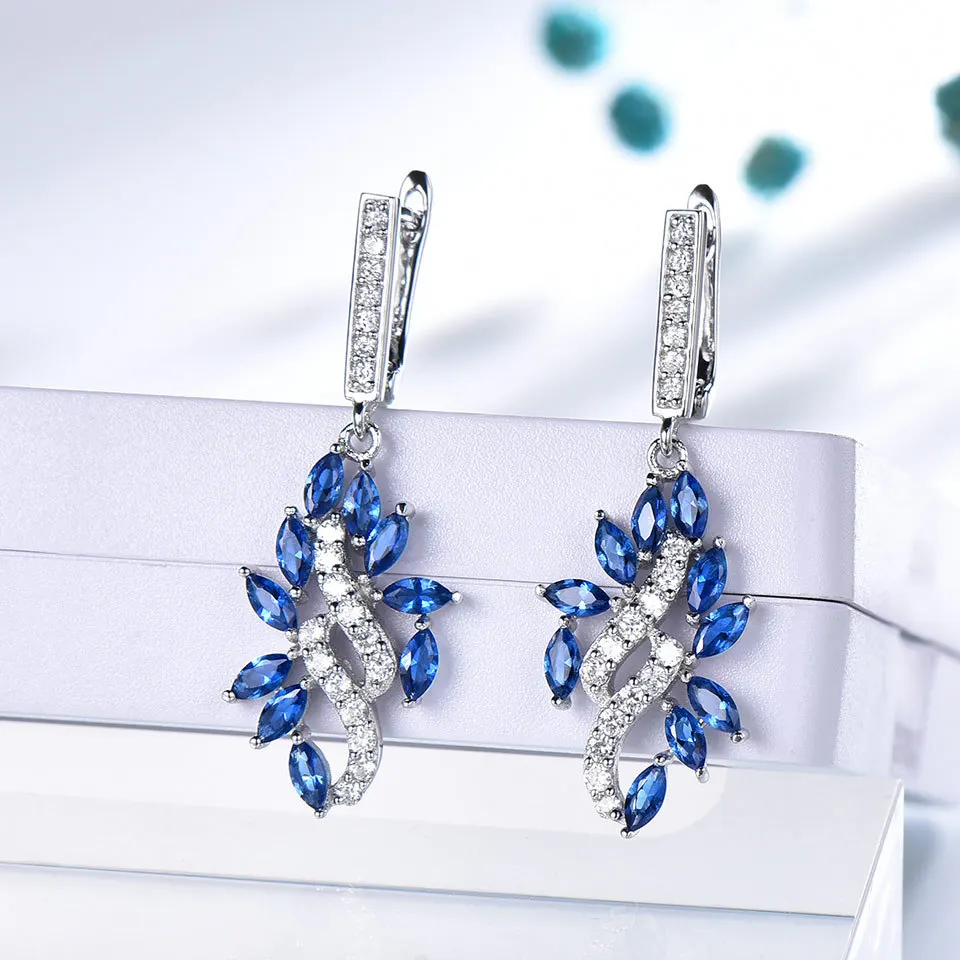 S925 silver female sapphire leaf wild diamond pendant earrings ring three-piece jewelry necklace sets for women