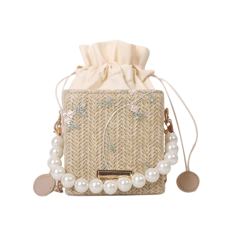 2022 New arrival fashion mini drawstring bead handle chain lady bucket handbags and purse straw clutch pearl bags for women