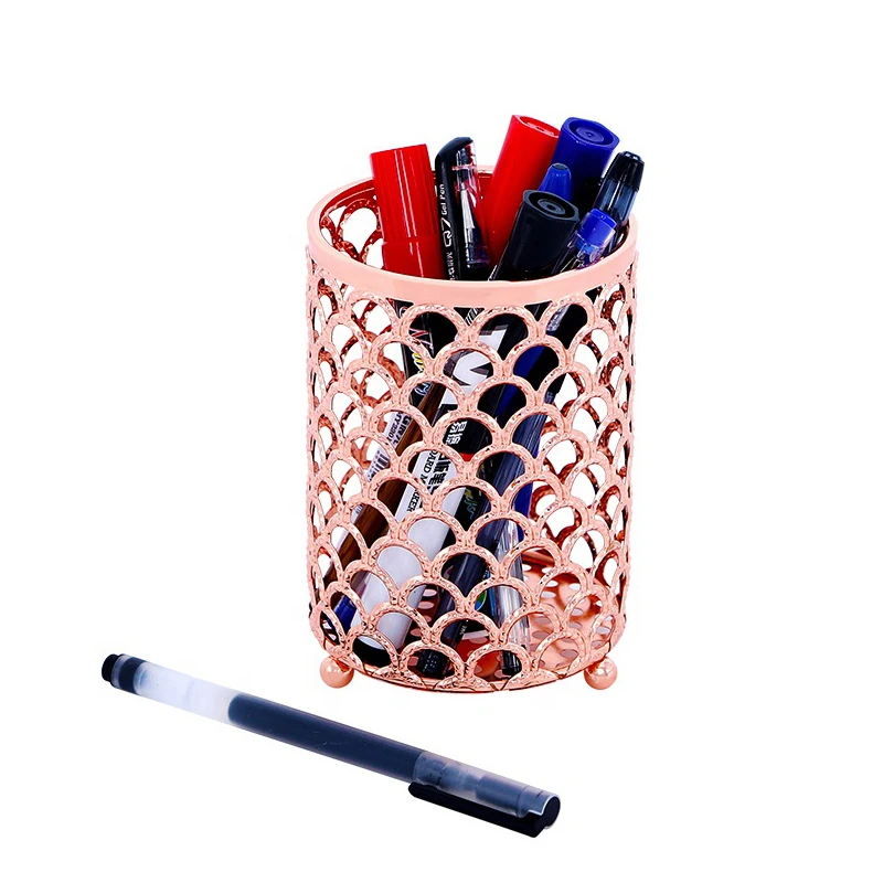 Customised  Unique Round Shape Porta caneta Gold Pen Pencil Holder For Table Desk