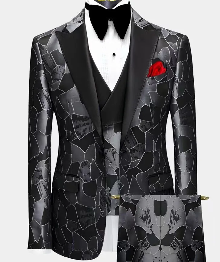 Custom Prom Suit Classic Wedding Men Tuxedo Abstract Grey & Black Tuxedo 3 Piece Men Suits