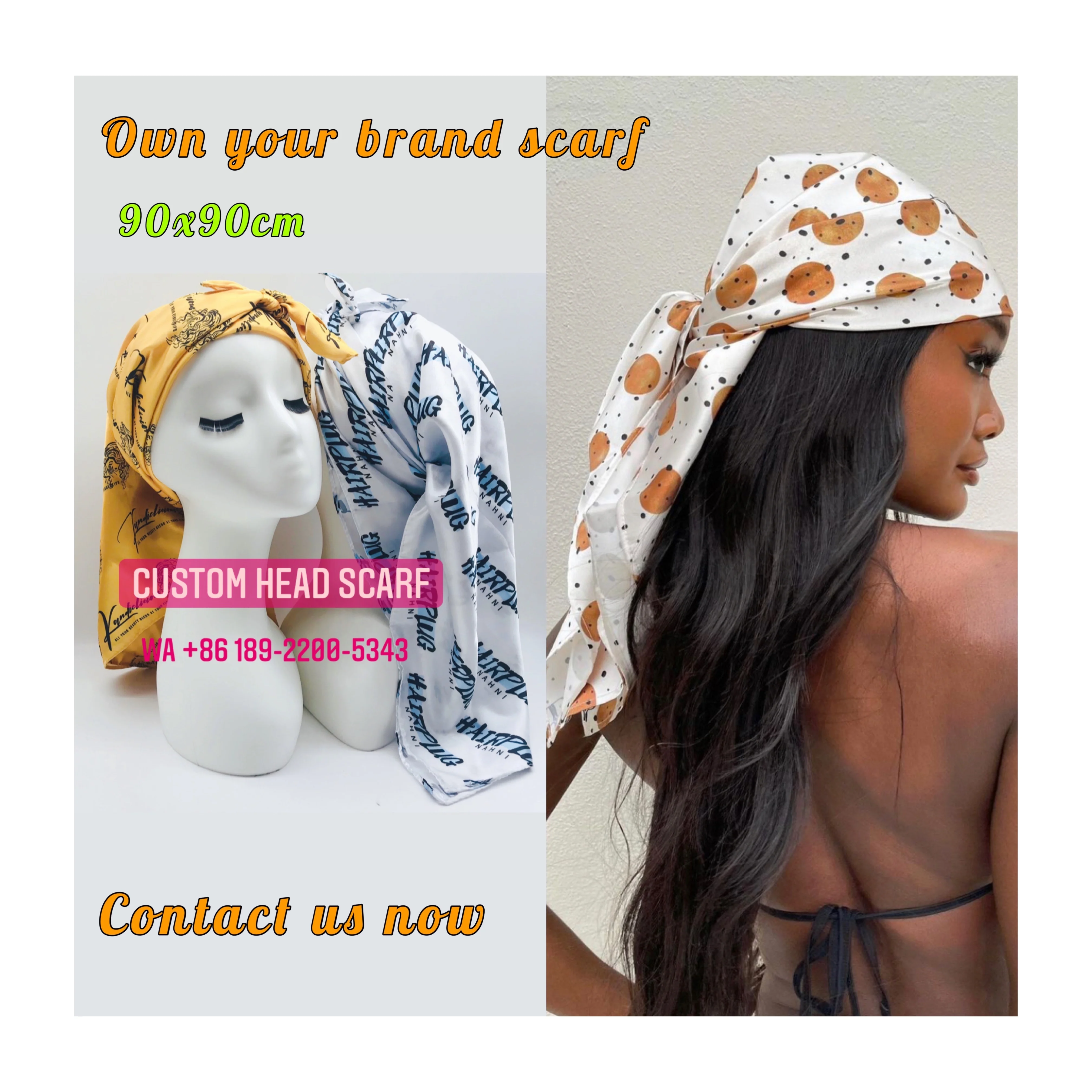 Wholesale manufacturer custom logo design digital print stylish long scarves square silk satin head scarf for women